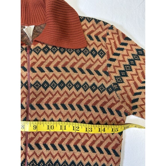 Vintage 70s Geometric Knit Wool Zip Cardigan Sweater Orange Black Chevron - Picture 6 of 7